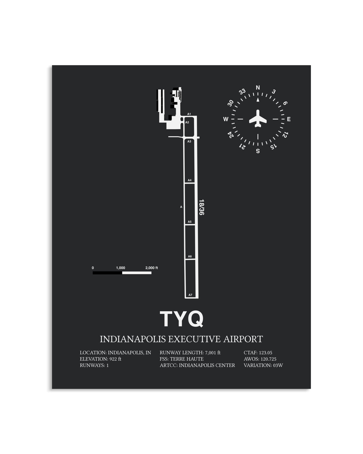 Gray Framed Indianapolis Executive Airport layout wall art poster