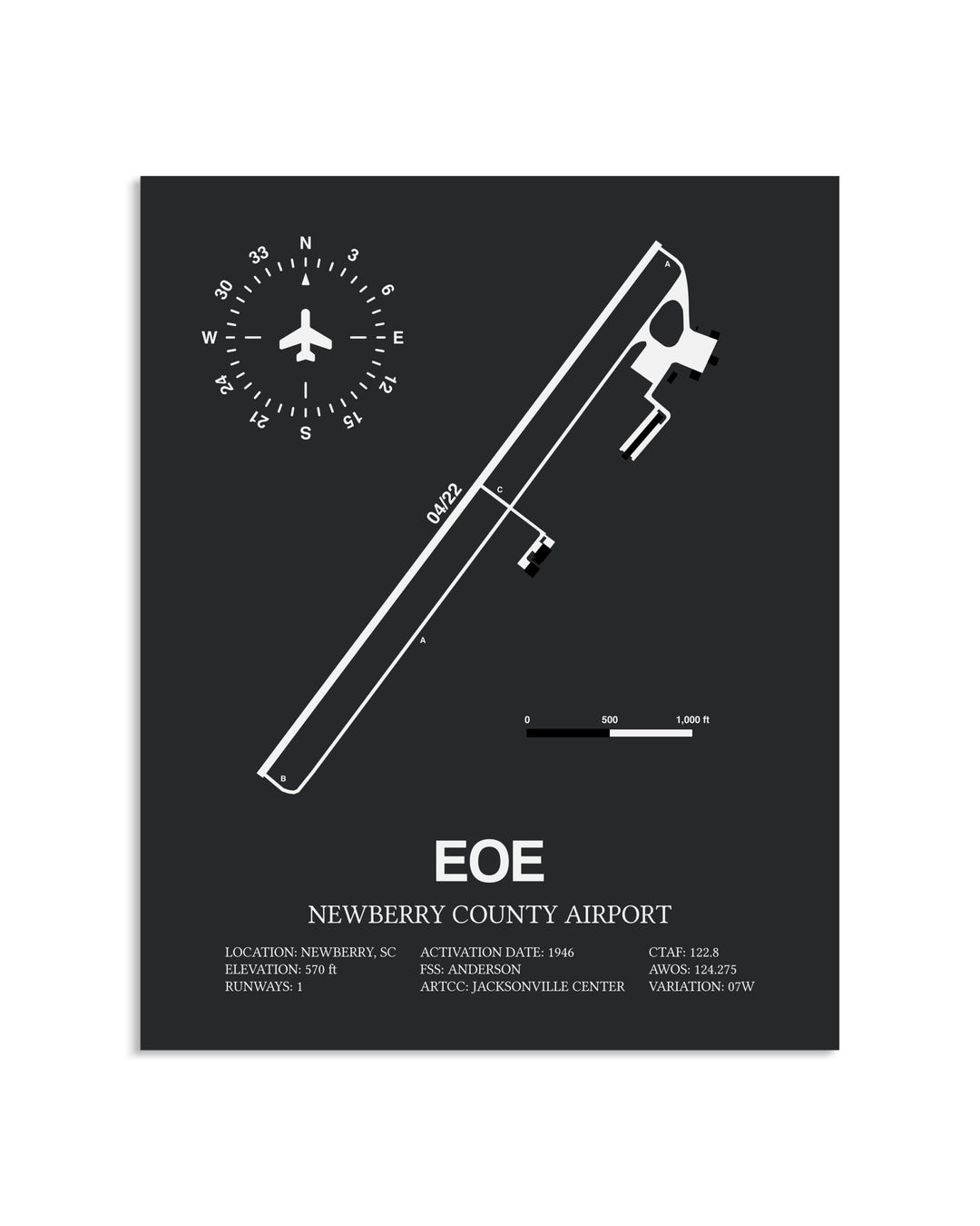 Gray Framed Newberry County Airport layout wall art poster