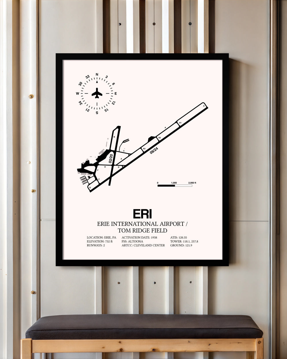 Erie International Airport / Tom Ridge Field framed poster displayed in an airplane hangar
