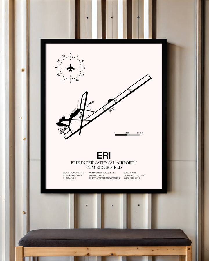 Erie International Airport / Tom Ridge Field framed poster displayed in an airplane hangar