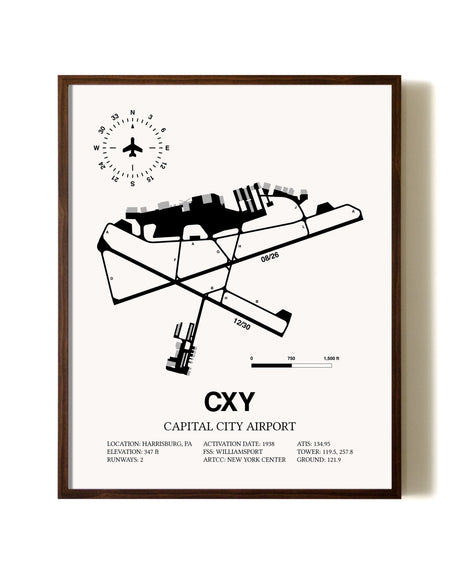 Capital City Airport aviation print in walnut frame