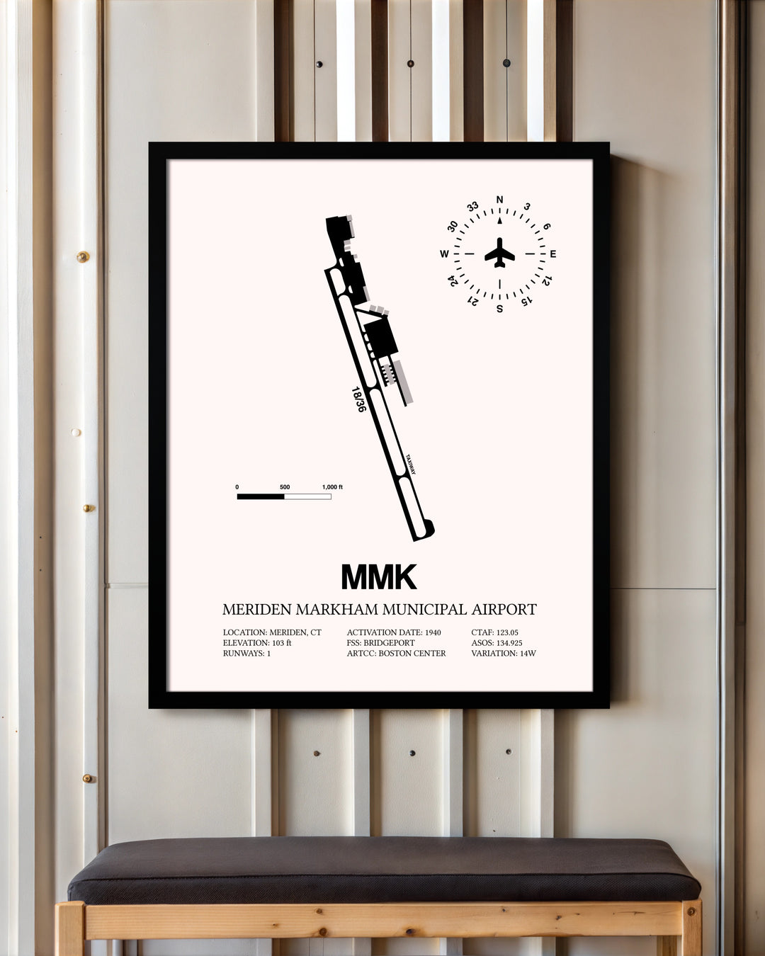 Meriden Markham Municipal Airport framed poster displayed in an airplane hangar