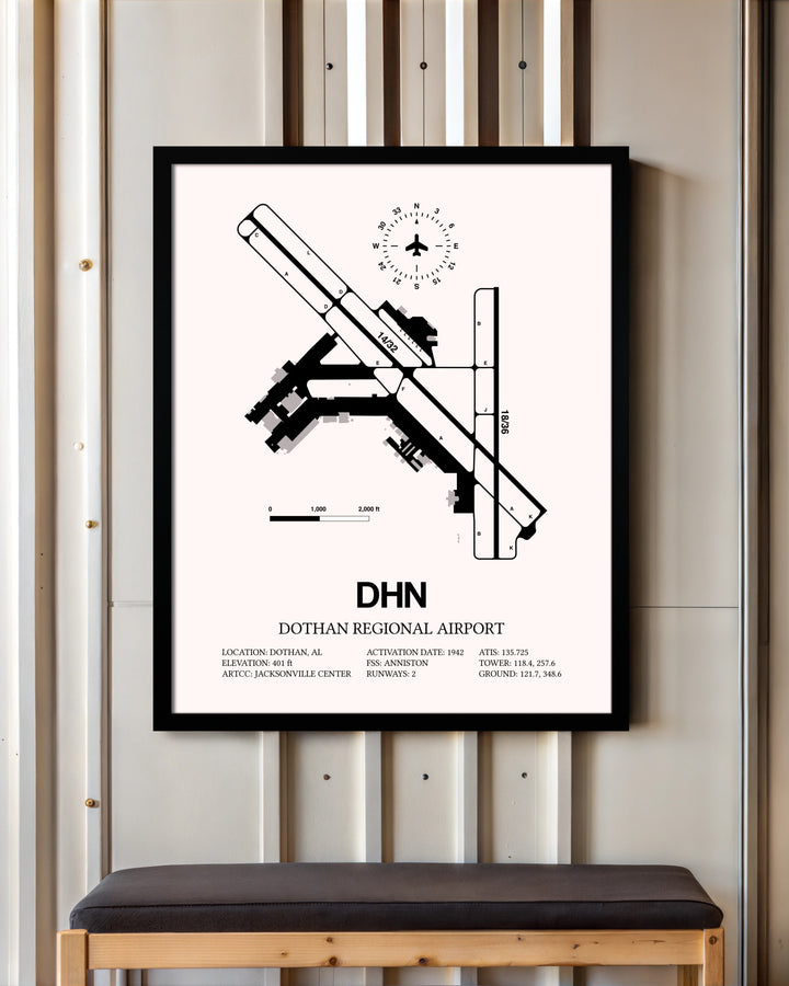 Dothan Regional Airport framed poster displayed in an airplane hangar