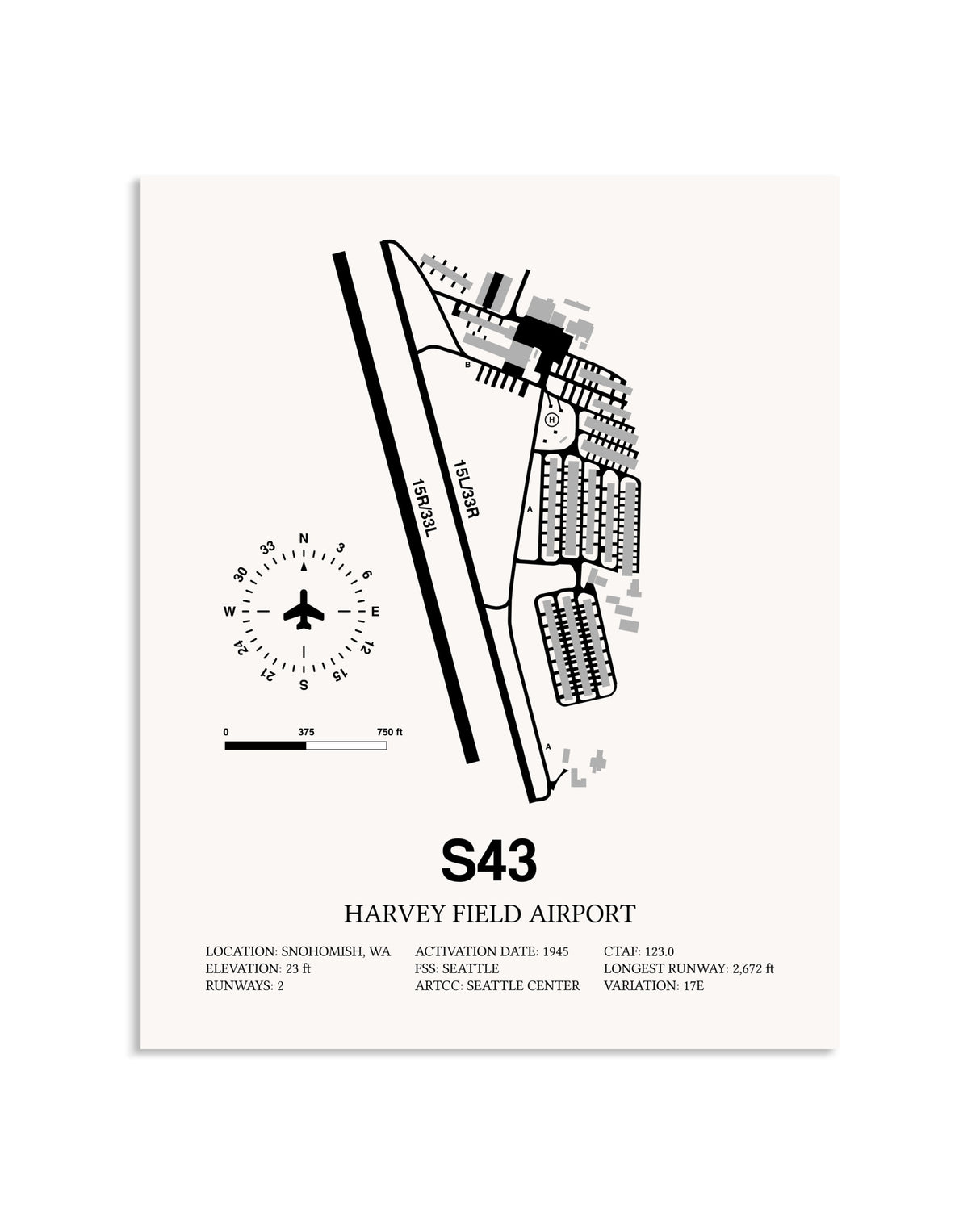 Gray Harvey Field Airport framed poster displayed in an airplane hangar