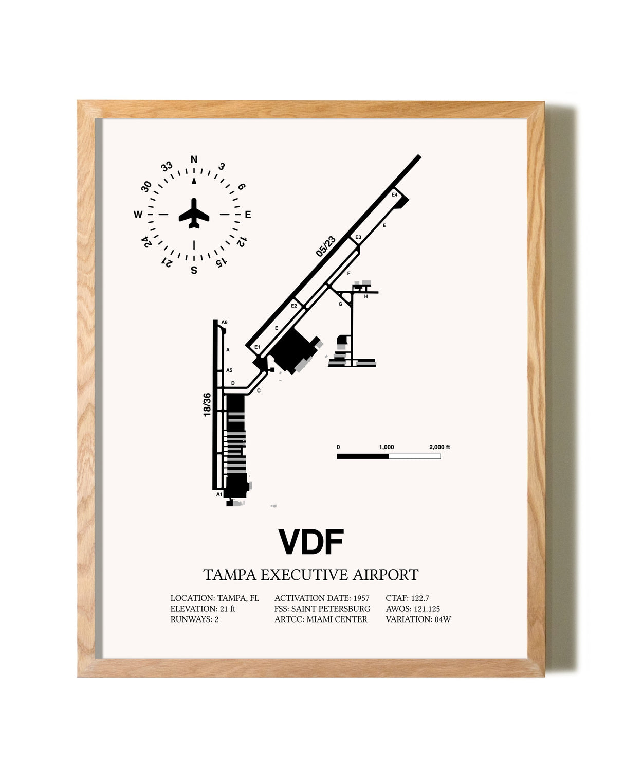 Tampa Executive Airport framed print in natural wood frame