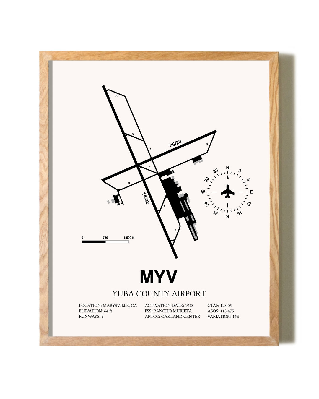 Yuba County Airport framed print in natural wood frame