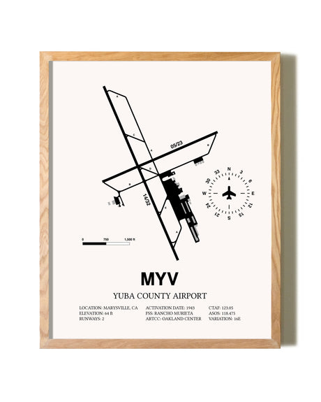 Yuba County Airport framed print in natural wood frame