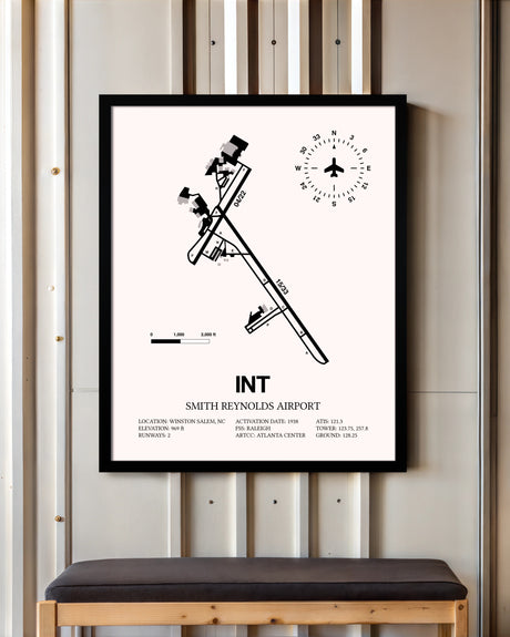 Smith Reynolds Airport framed poster displayed in an airplane hangar