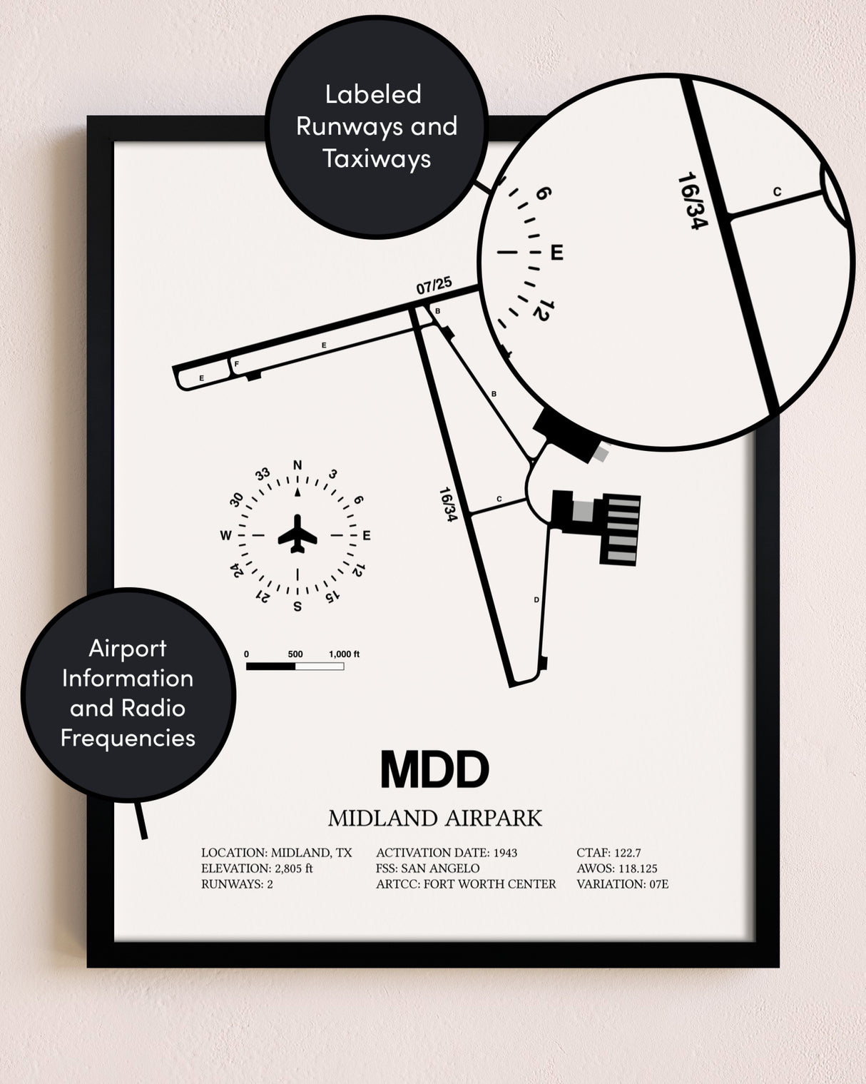 Framed Midland Airpark layout wall art poster