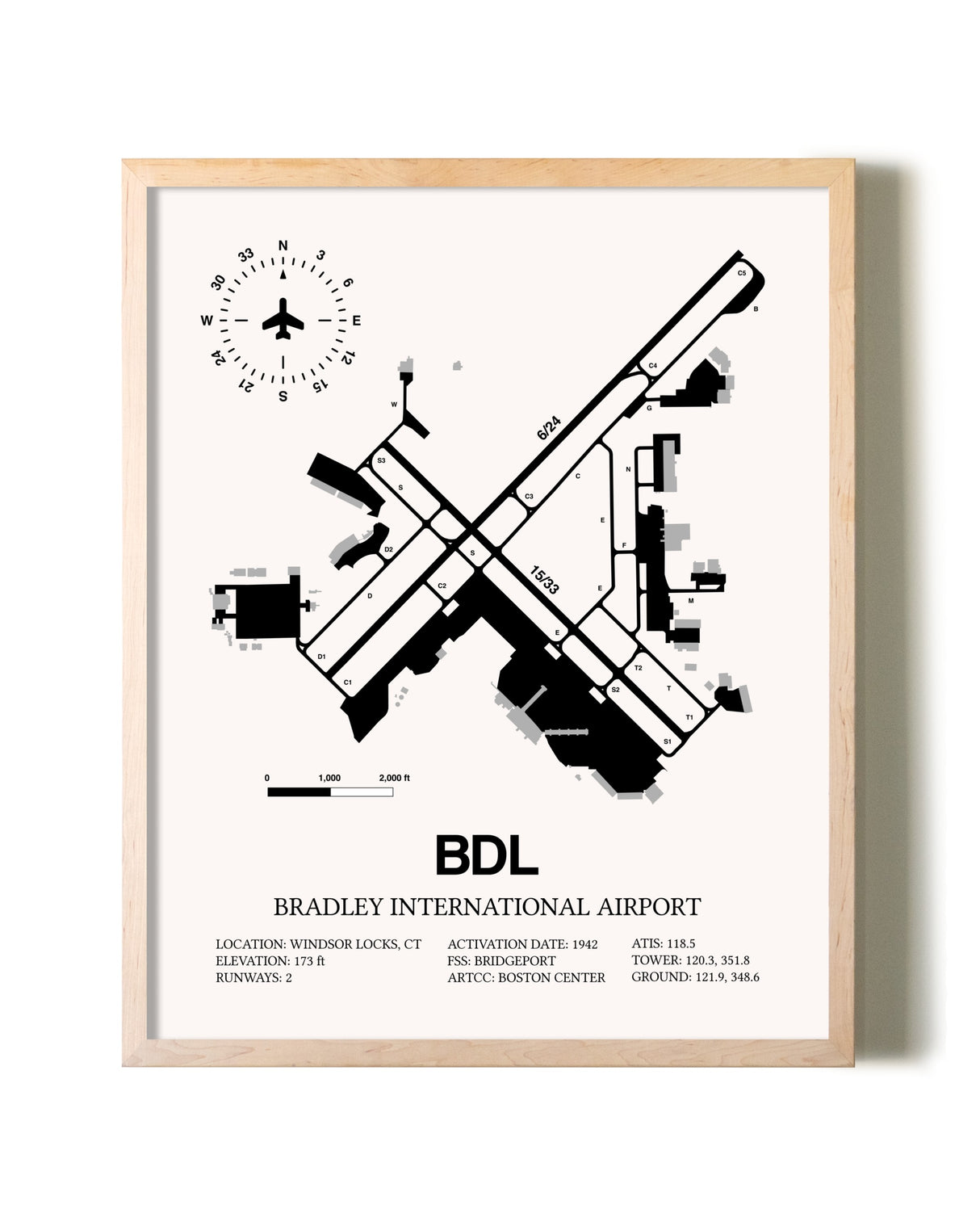 Bradley International Airport framed wall art in white frame