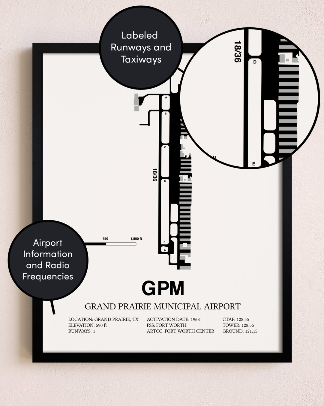 Framed Grand Prairie Municipal Airport layout wall art poster