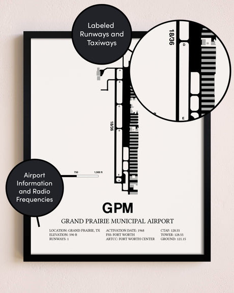 Framed Grand Prairie Municipal Airport layout wall art poster