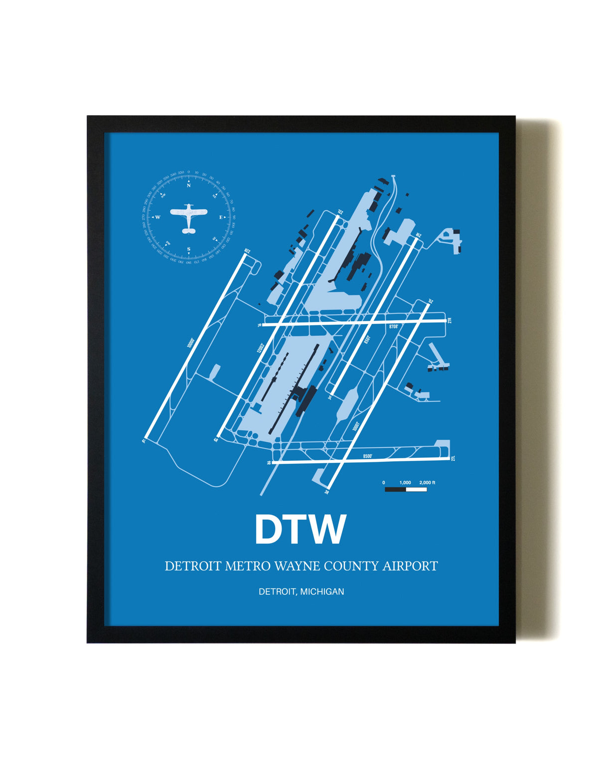 Sky Blue Detroit Metro Wayne County Airport aviation wall décor in black wood frame