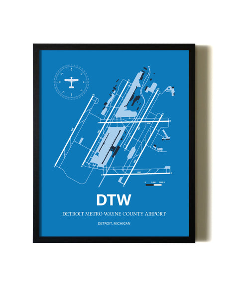 Sky Blue Detroit Metro Wayne County Airport aviation wall décor in black wood frame