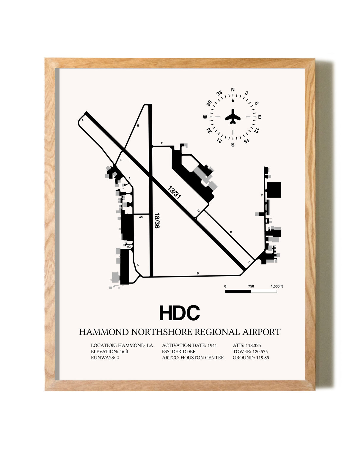 Hammond Northshore Regional Airport framed print in natural wood frame