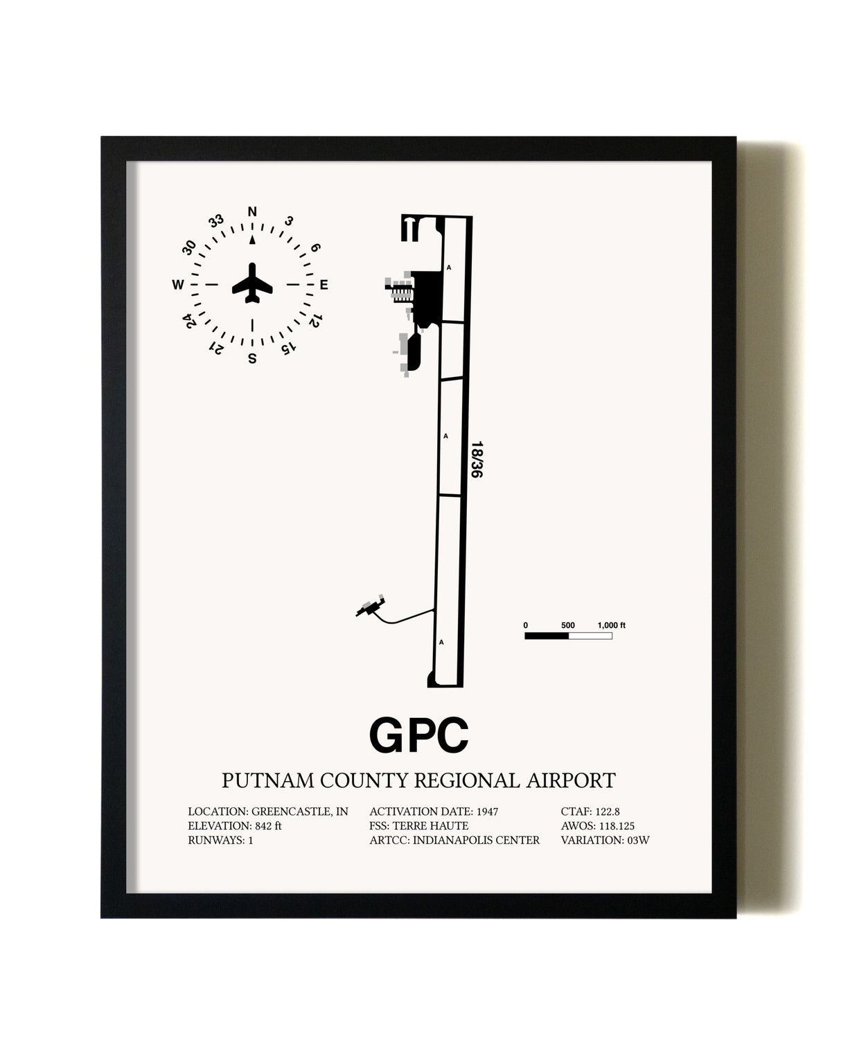 Framed Putnam County Regional Airport wall art poster in black frame