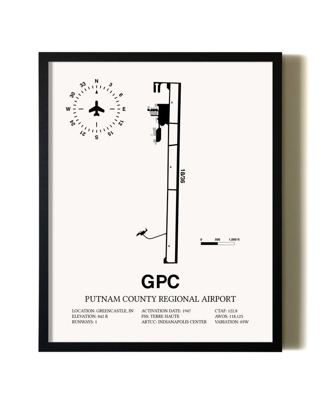 Framed Putnam County Regional Airport wall art poster in black frame