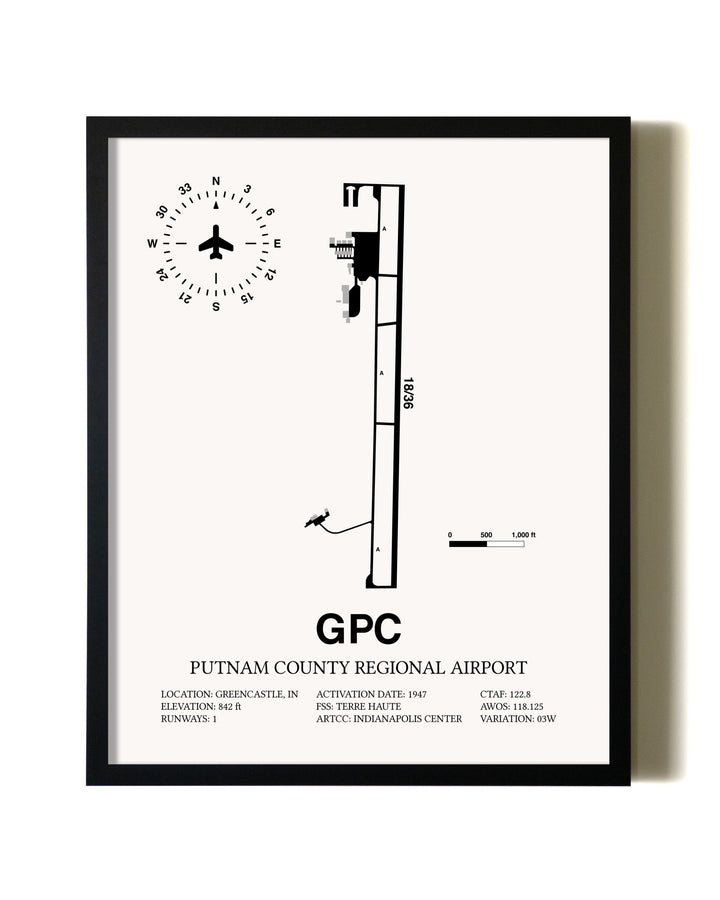 Framed Putnam County Regional Airport wall art poster in black frame