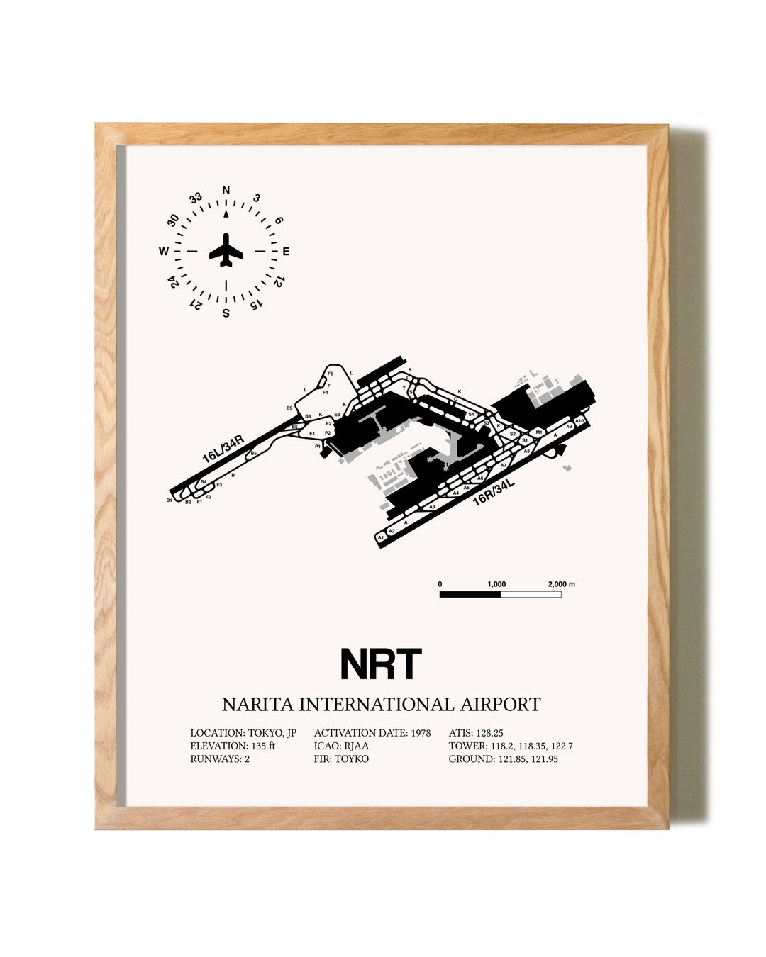 Narita International Airport framed print in natural wood frame