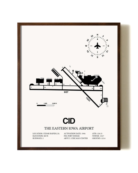 The Eastern Iowa Airport aviation print in walnut frame