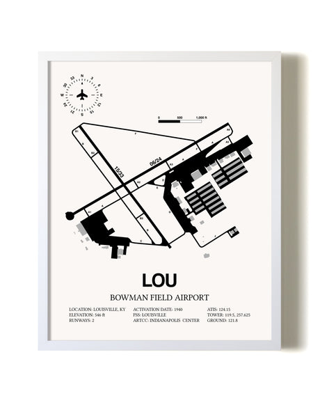 Bowman Field Airport airport map poster in oak frame