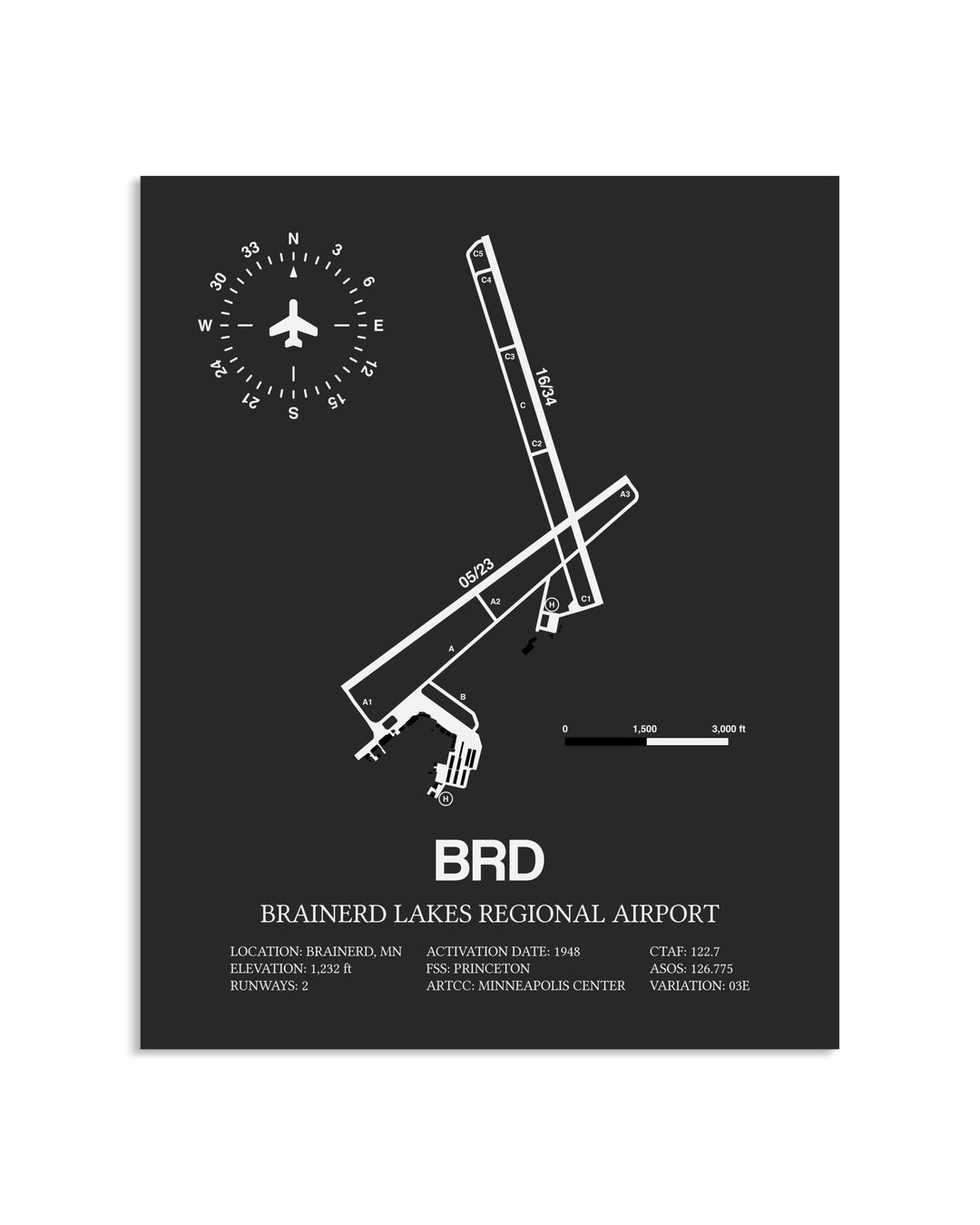 Gray Framed Brainerd Lakes Regional Airport layout wall art poster