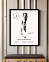 Tacoma Narrows Airport framed poster displayed in an airplane hangar