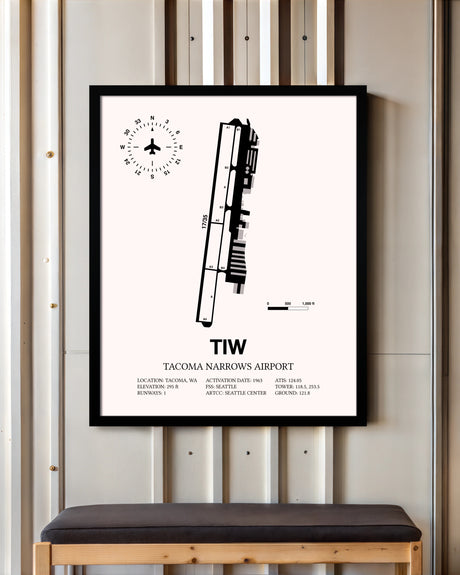 Tacoma Narrows Airport framed poster displayed in an airplane hangar