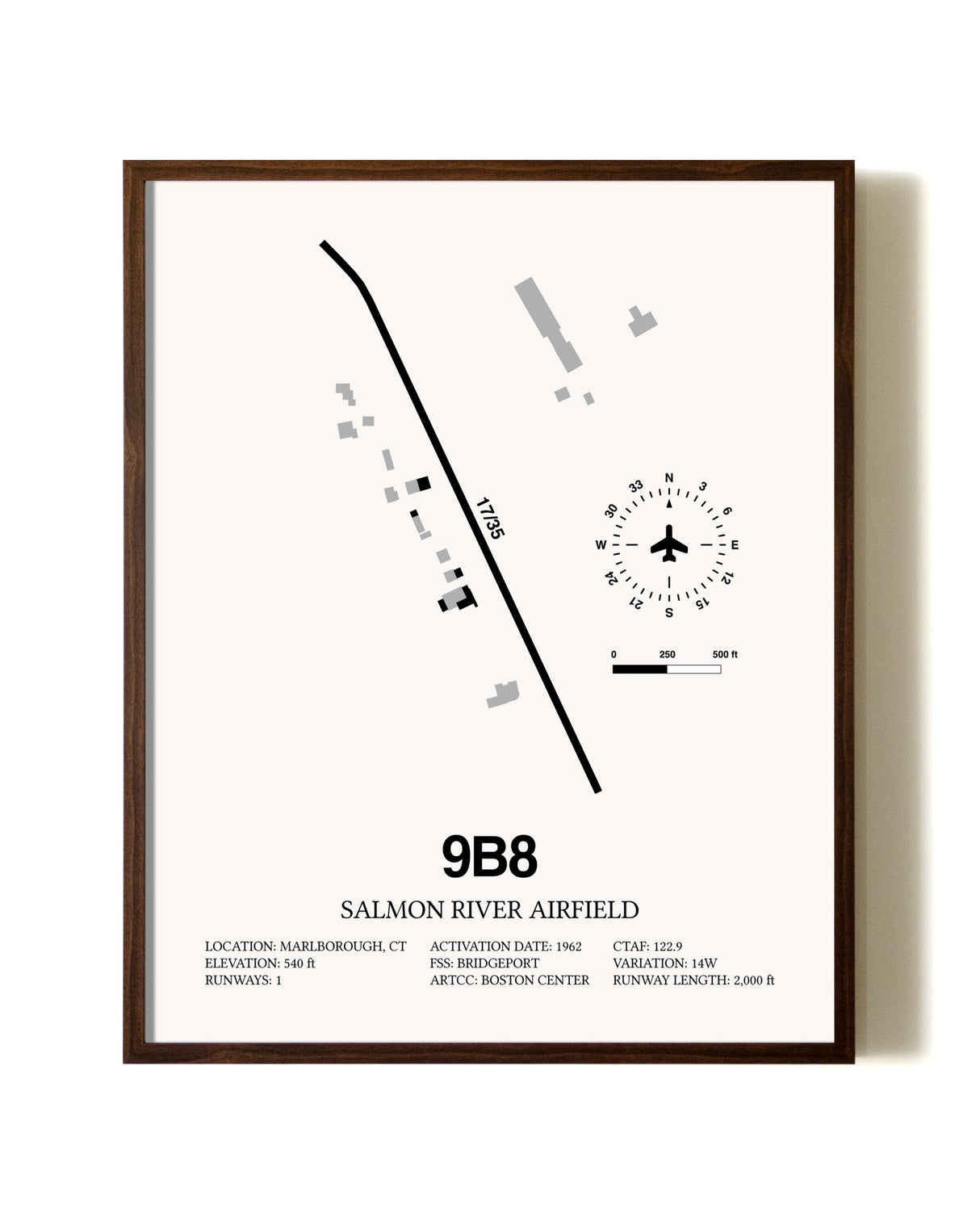 Salmon River Airfield aviation print in walnut frame
