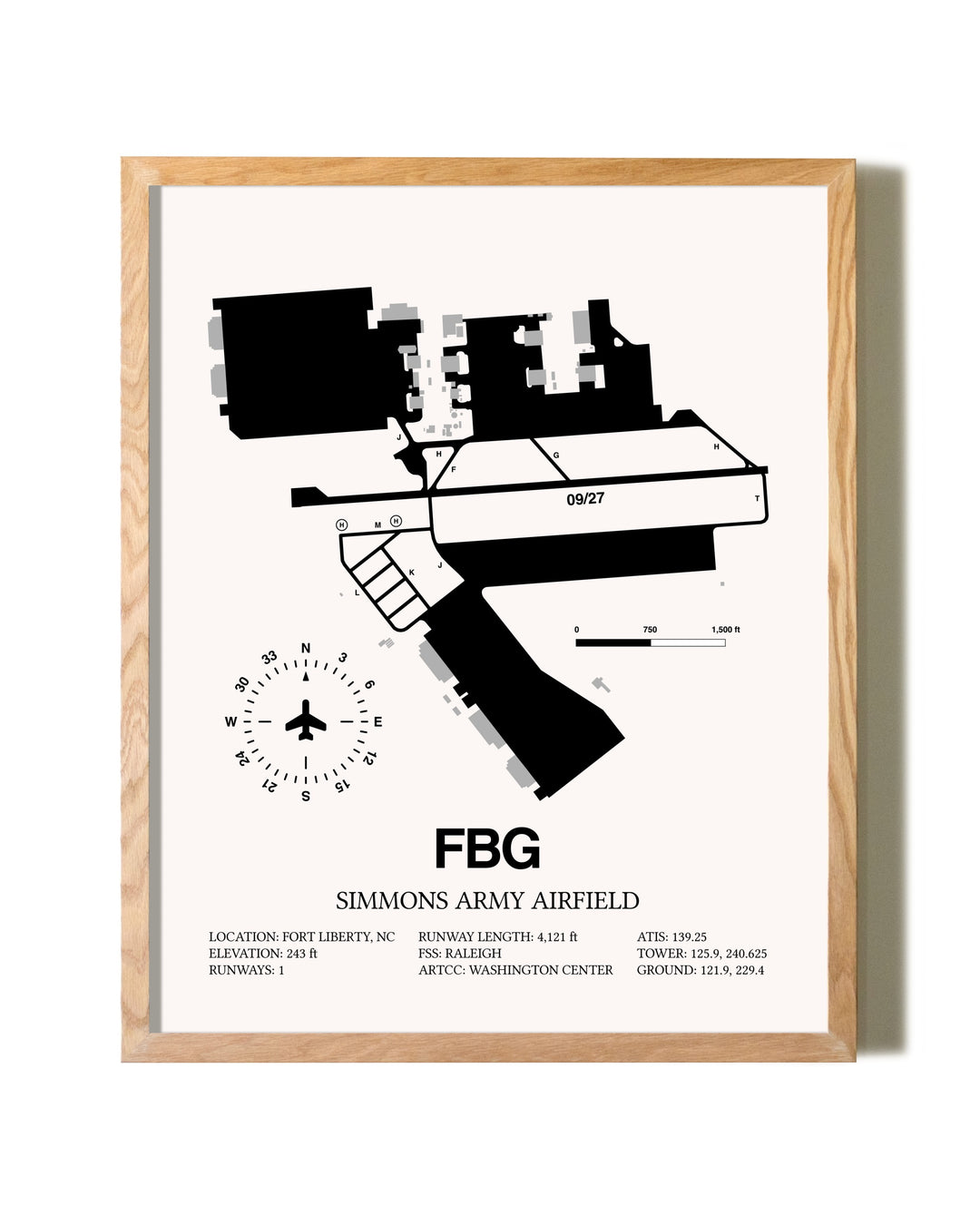 Simmons Army Airfield framed print in natural wood frame