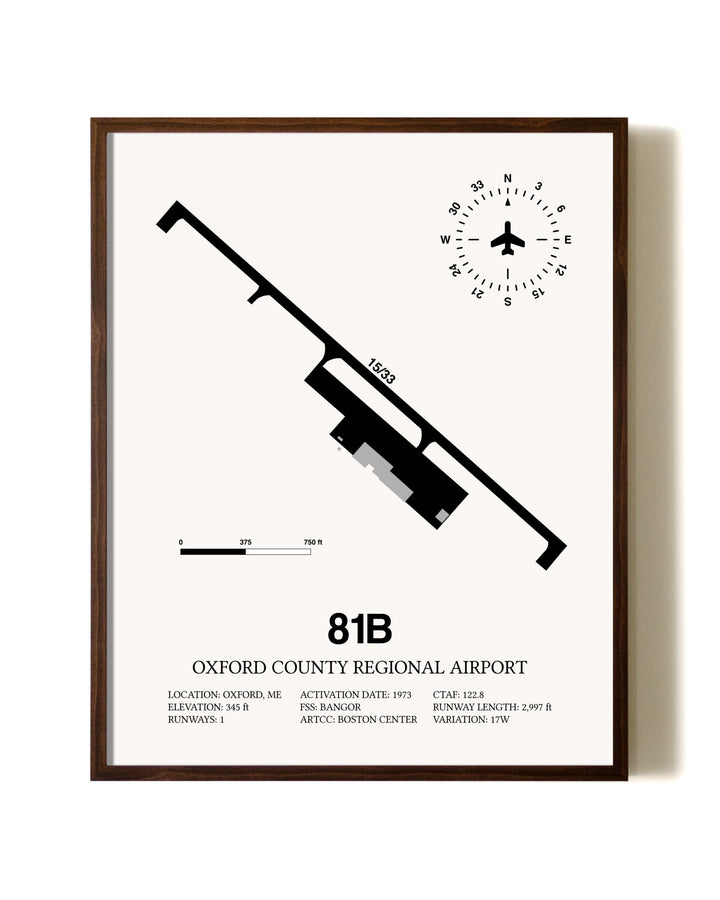 Oxford County Regional Airport aviation print in walnut frame