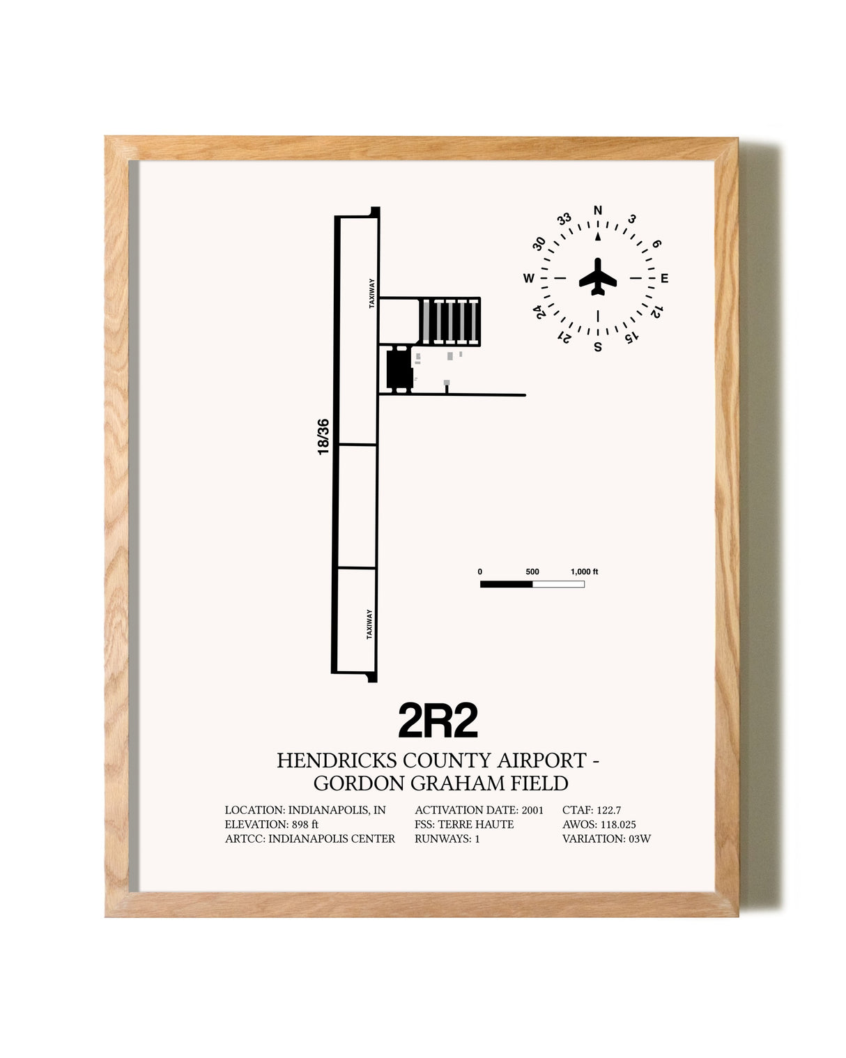 Hendricks County Airport-Gordon Graham Field framed print in natural wood frame