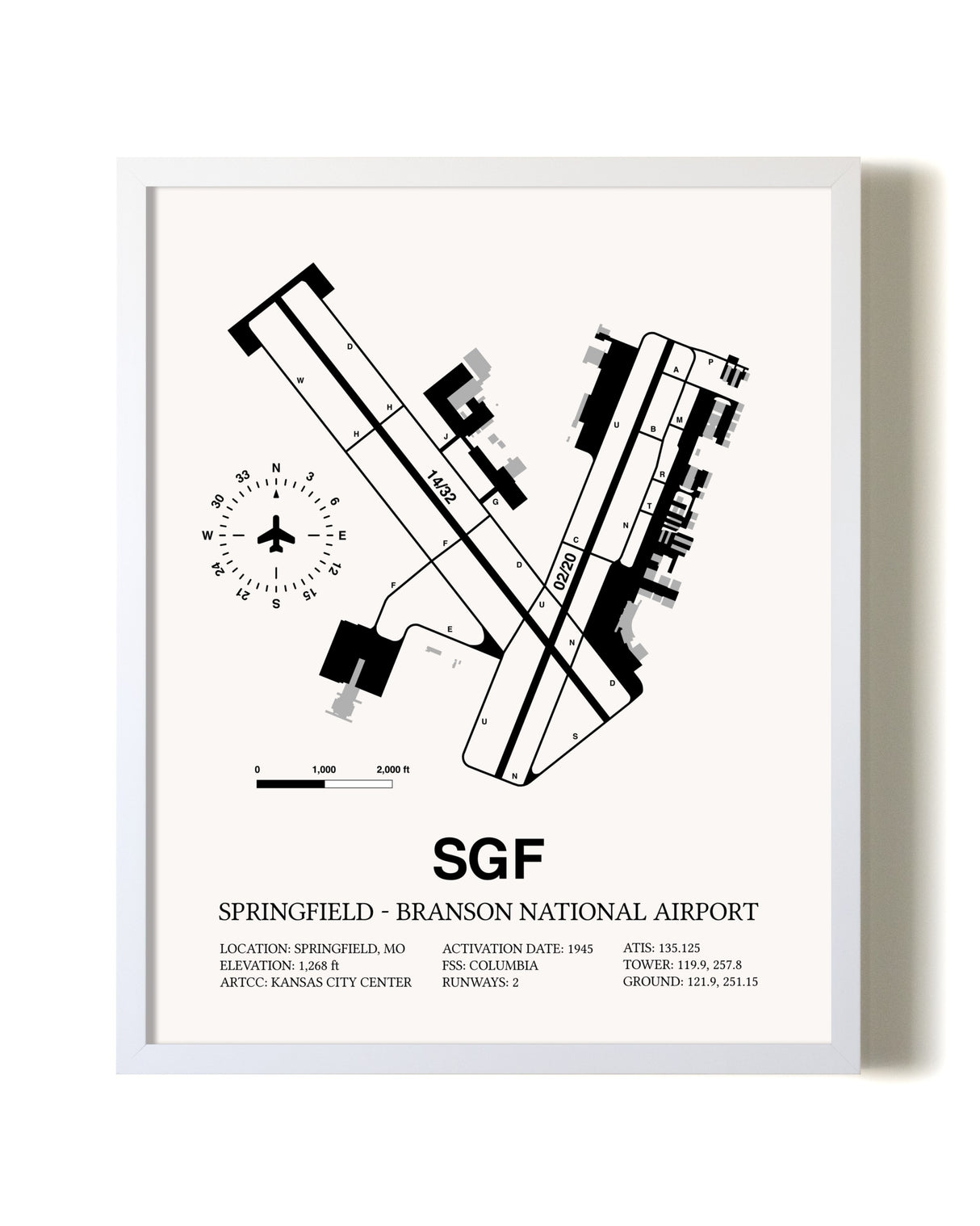 Springfield-Branson National Airport airport map poster in oak frame