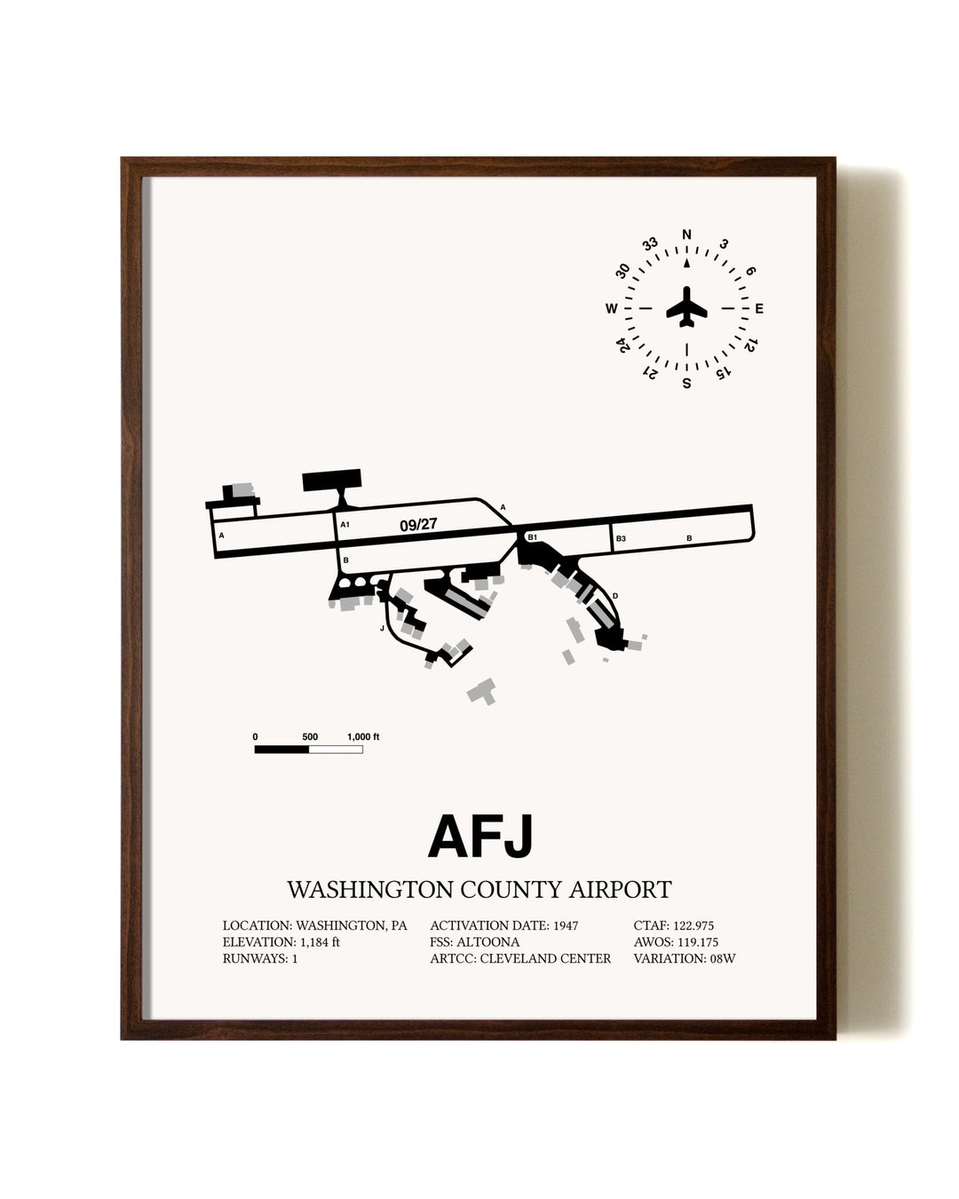 Washington County Airport aviation print in walnut frame