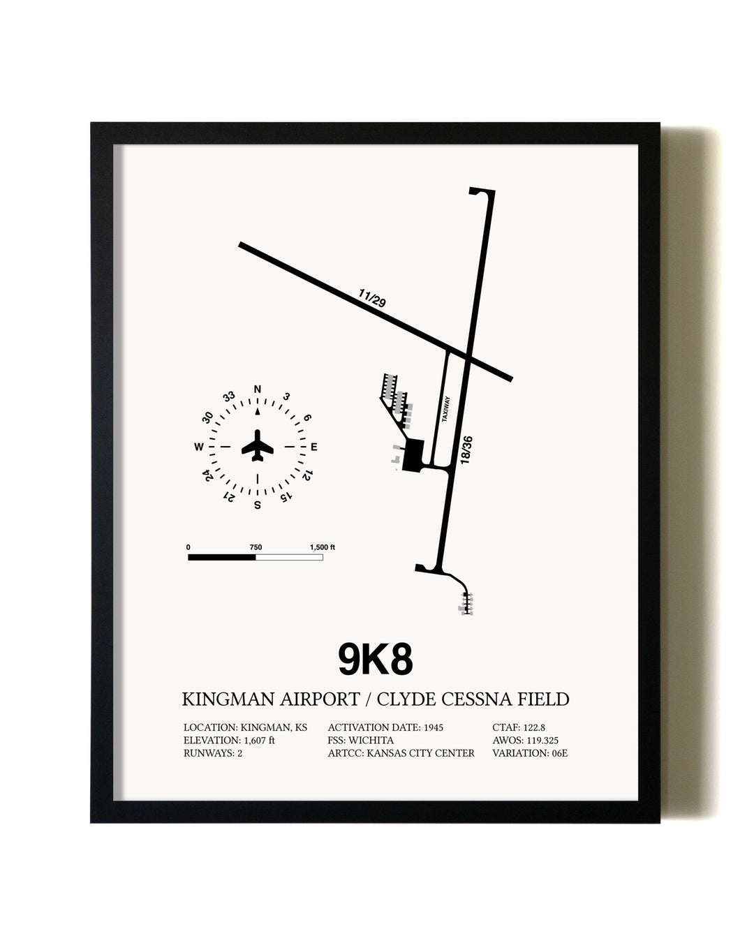 Framed Kingman Airport / Clyde Cessna Field wall art poster in black frame