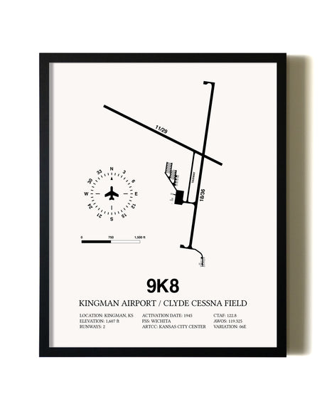 Framed Kingman Airport / Clyde Cessna Field wall art poster in black frame