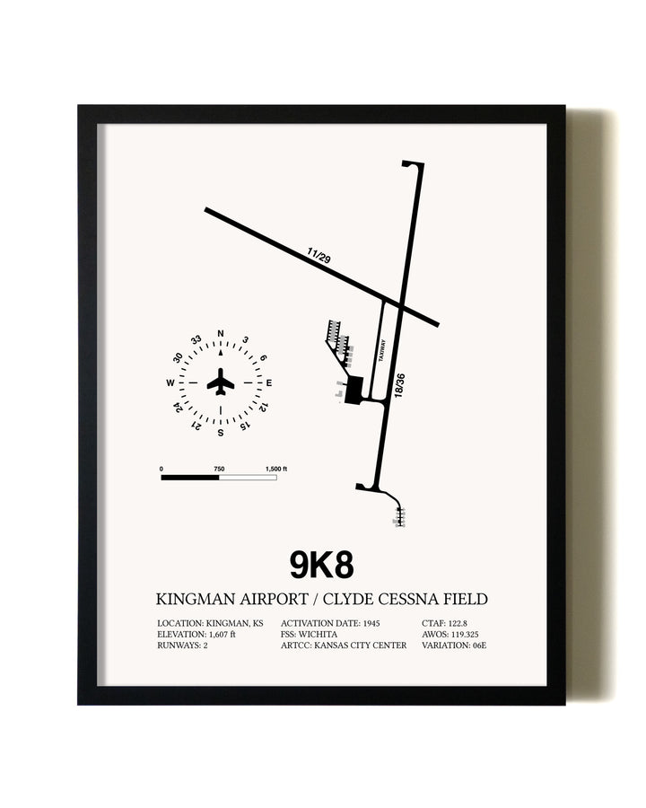 Framed Kingman Airport / Clyde Cessna Field wall art poster in black frame