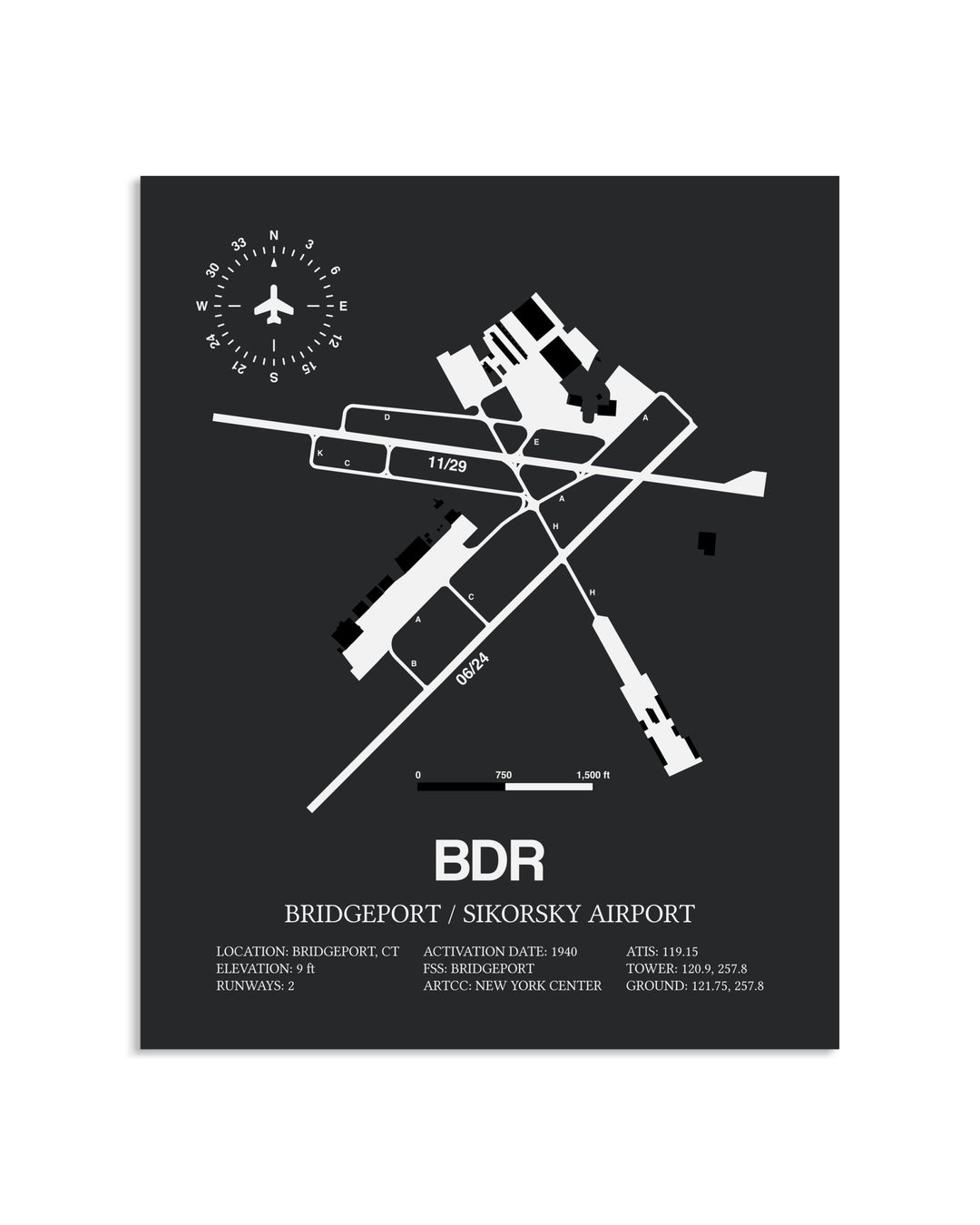 Gray Framed Bridgeport / Sikorsky Airport layout wall art poster