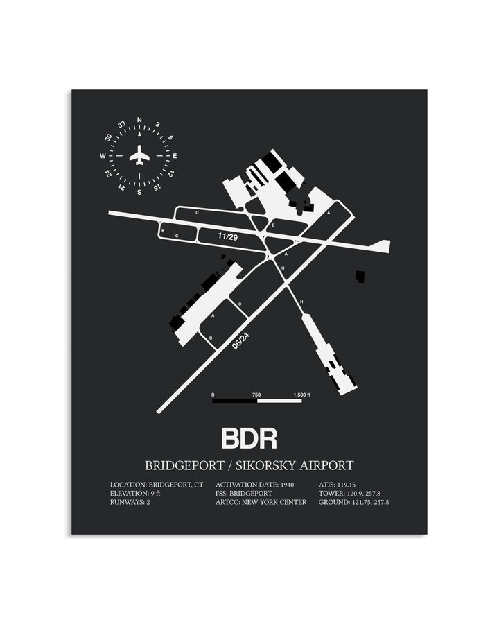 Gray Framed Bridgeport / Sikorsky Airport layout wall art poster