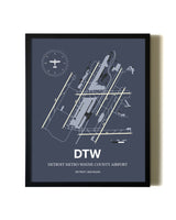 Blue and Cream Framed Detroit Metro Wayne County Airport layout wall art poster