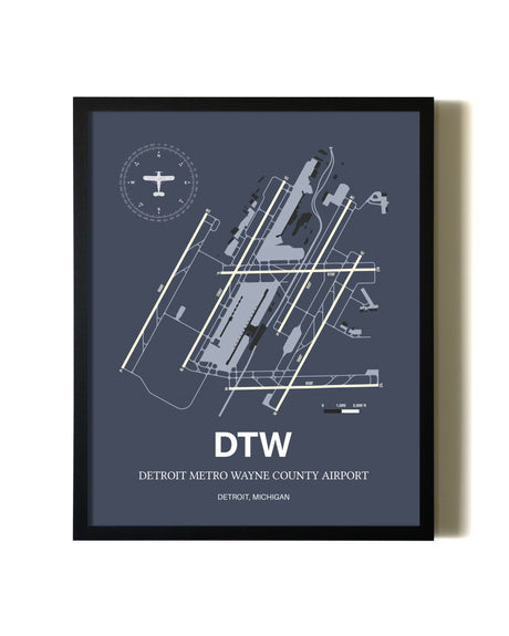 Blue and Cream Framed Detroit Metro Wayne County Airport layout wall art poster