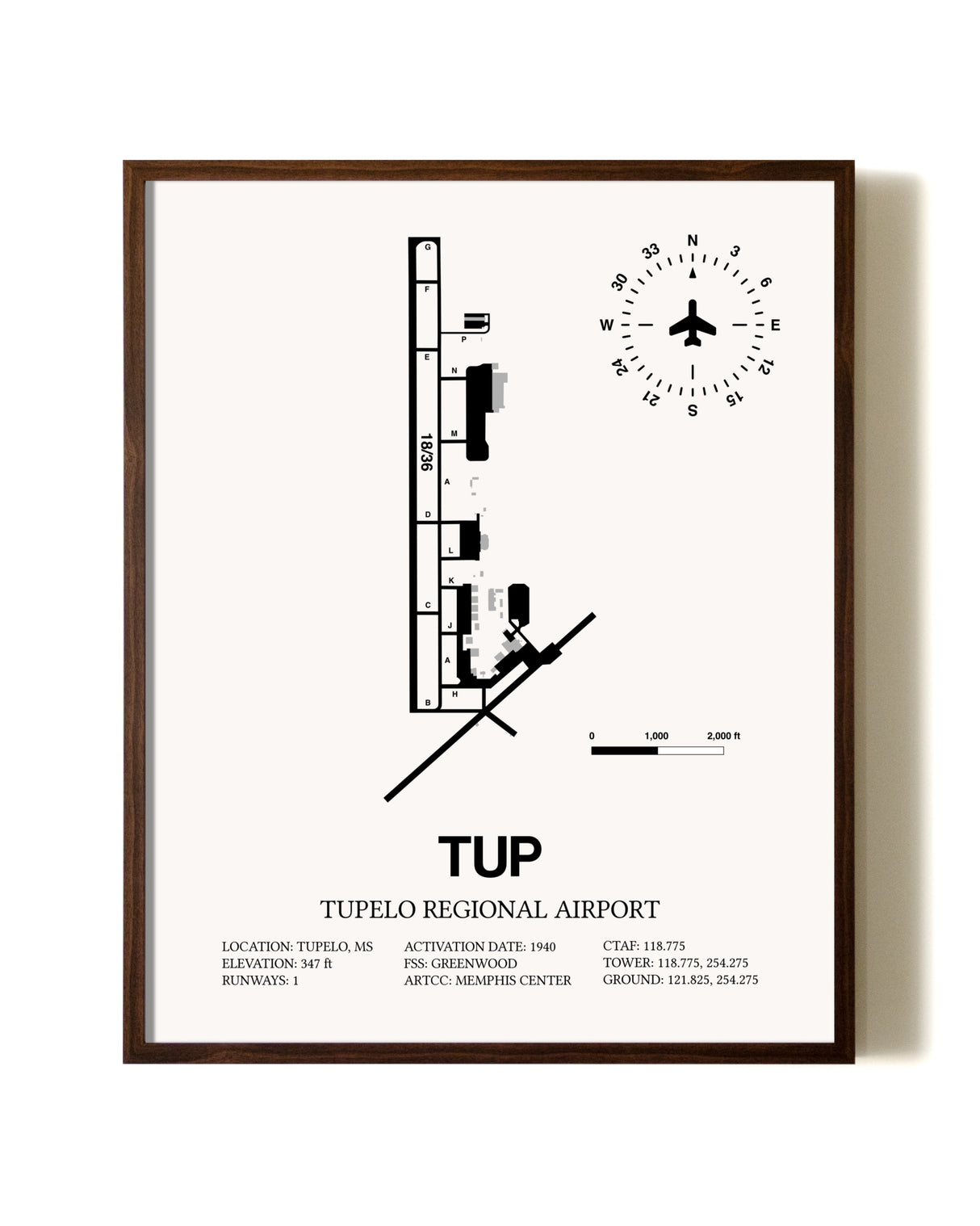 Tupelo Regional Airport aviation print in walnut frame