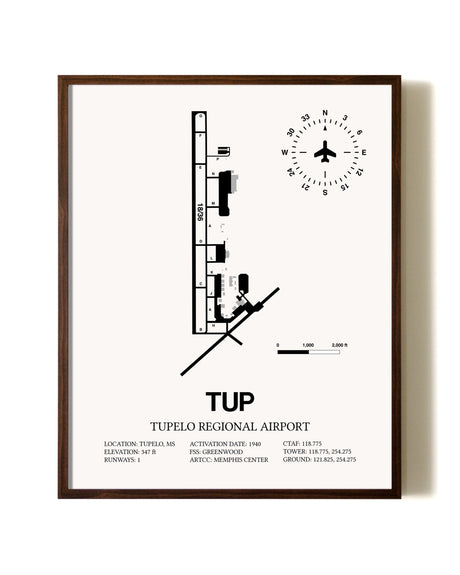 Tupelo Regional Airport aviation print in walnut frame