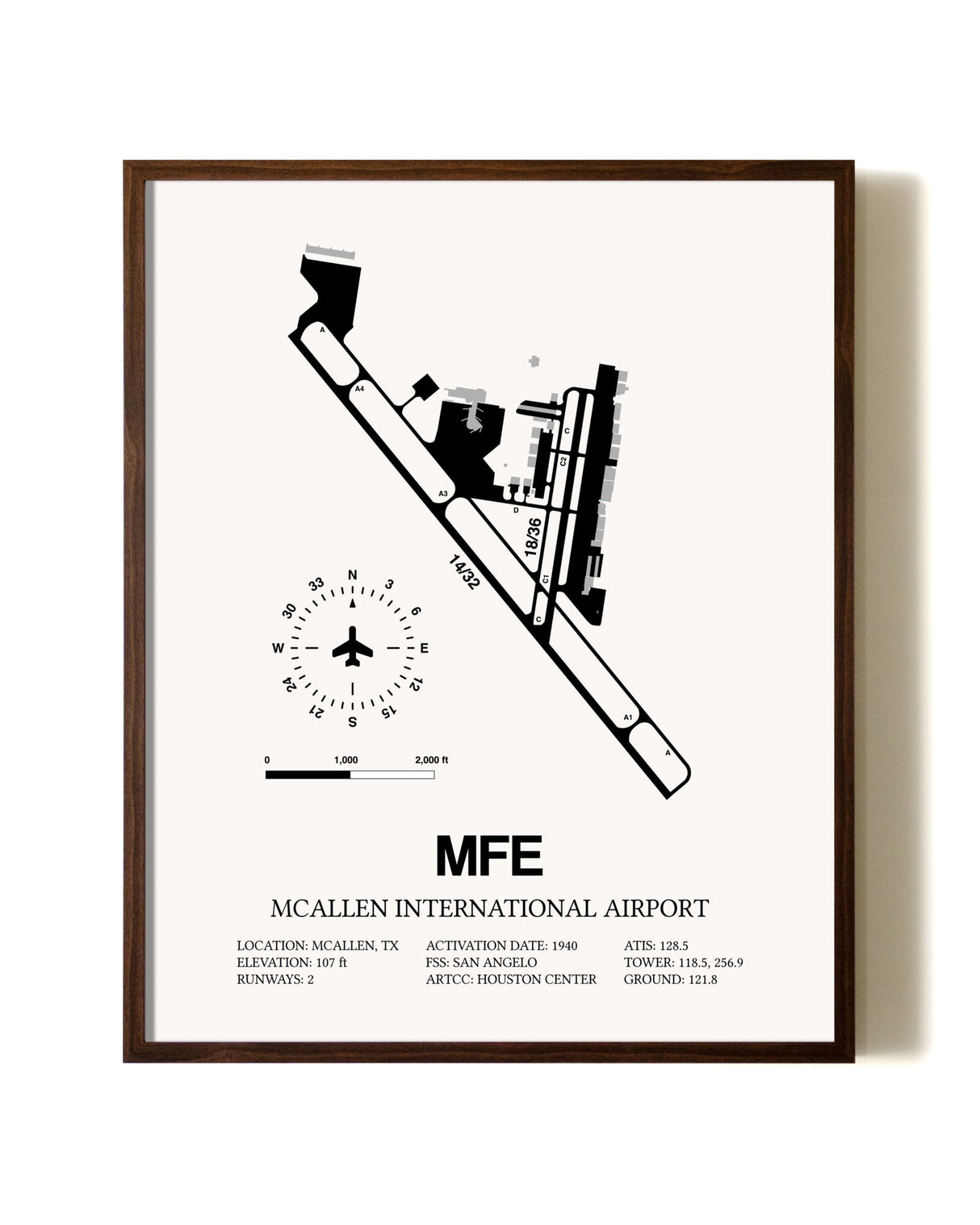 McAllen International Airport aviation print in walnut frame