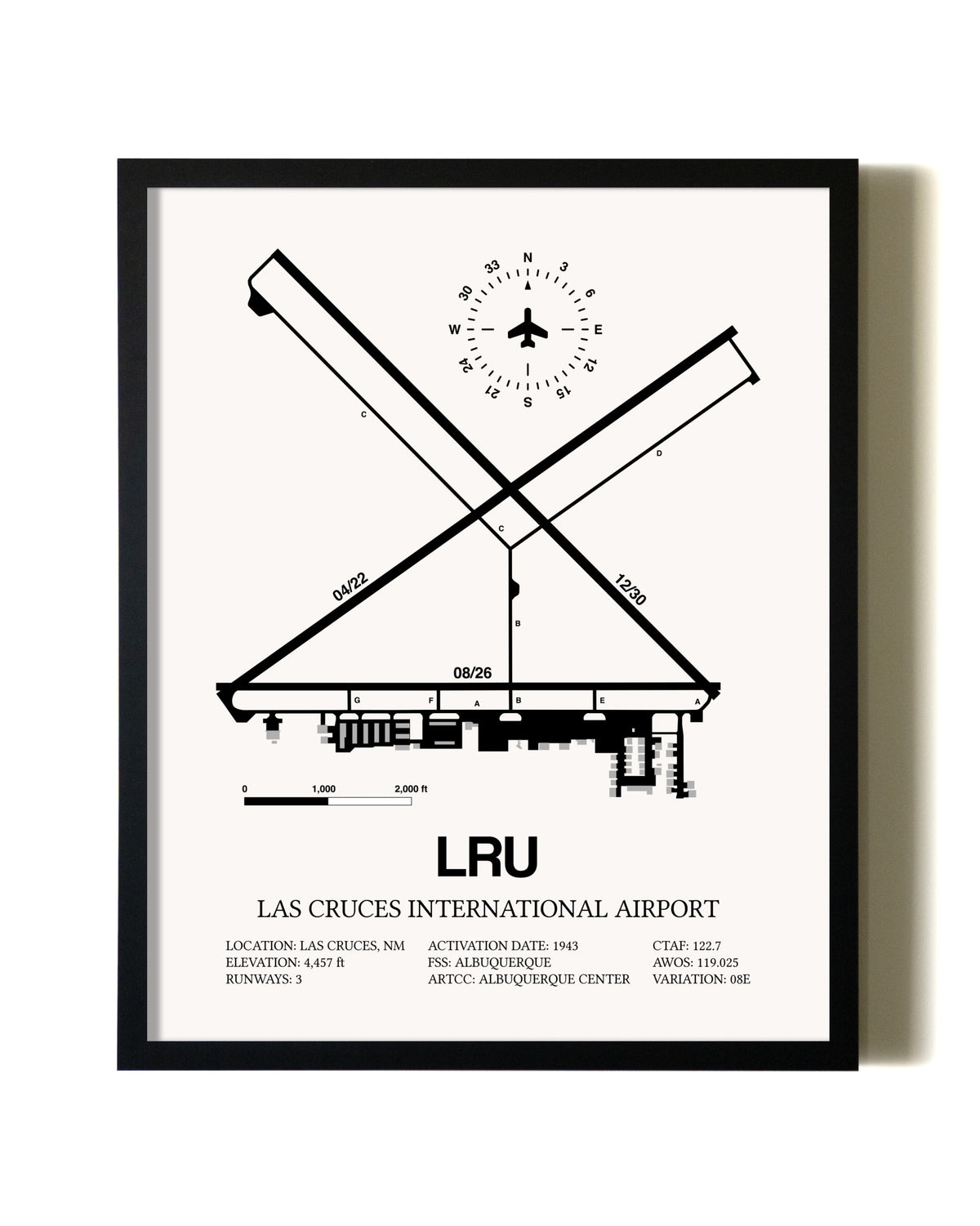 Framed Las Cruces International Airport wall art poster in black frame