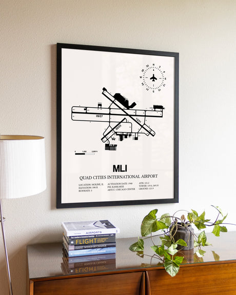 Quad Cities International Airport aviation wall décor in black wood frame