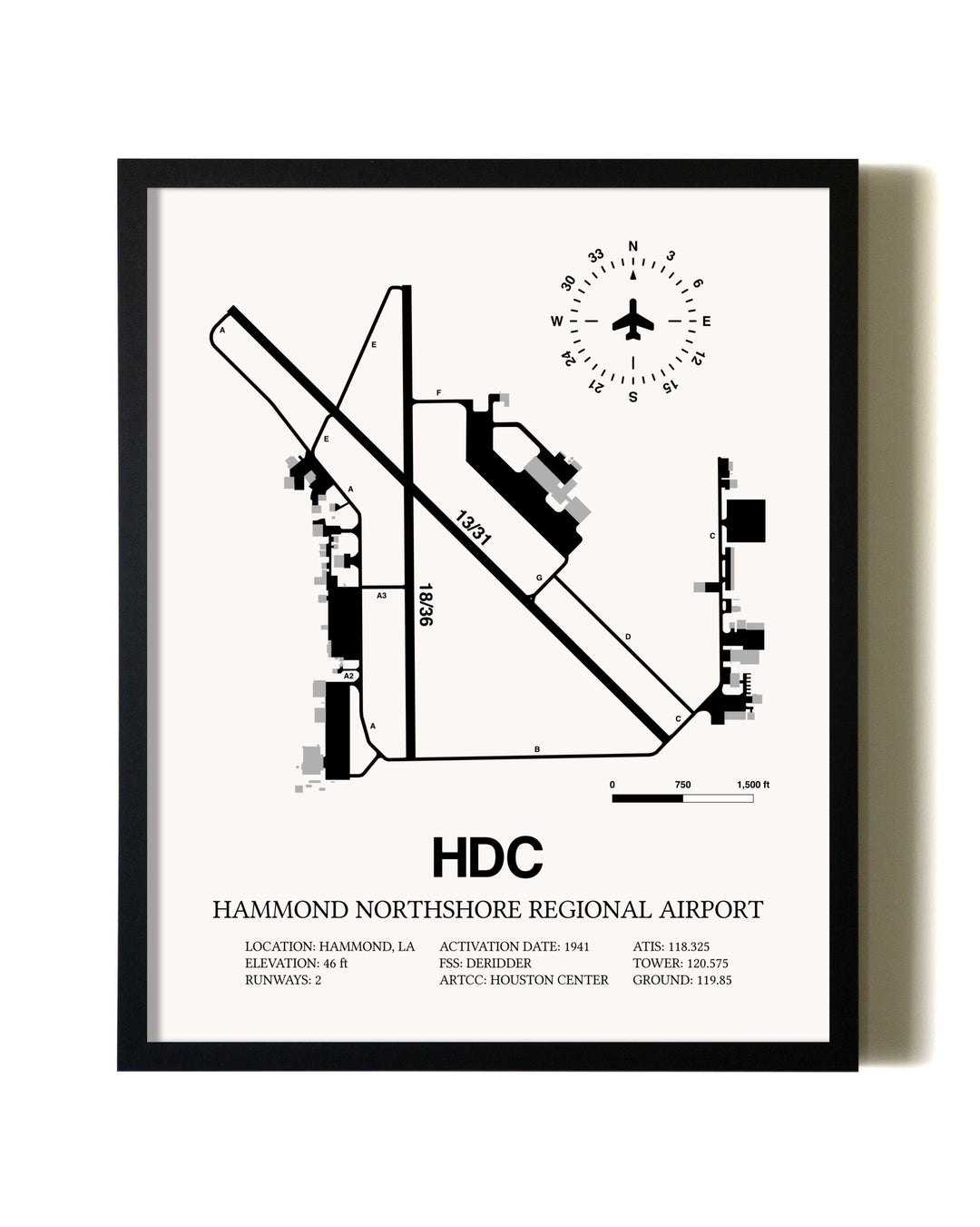 Framed Hammond Northshore Regional Airport wall art poster in black frame