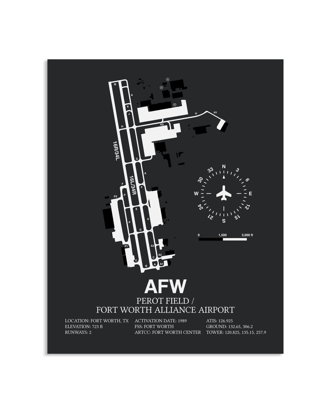 Gray Framed Perot Field / Fort Worth Alliance Airport layout wall art poster