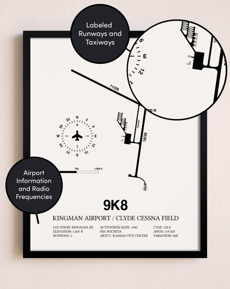 Framed Kingman Airport / Clyde Cessna Field layout wall art poster