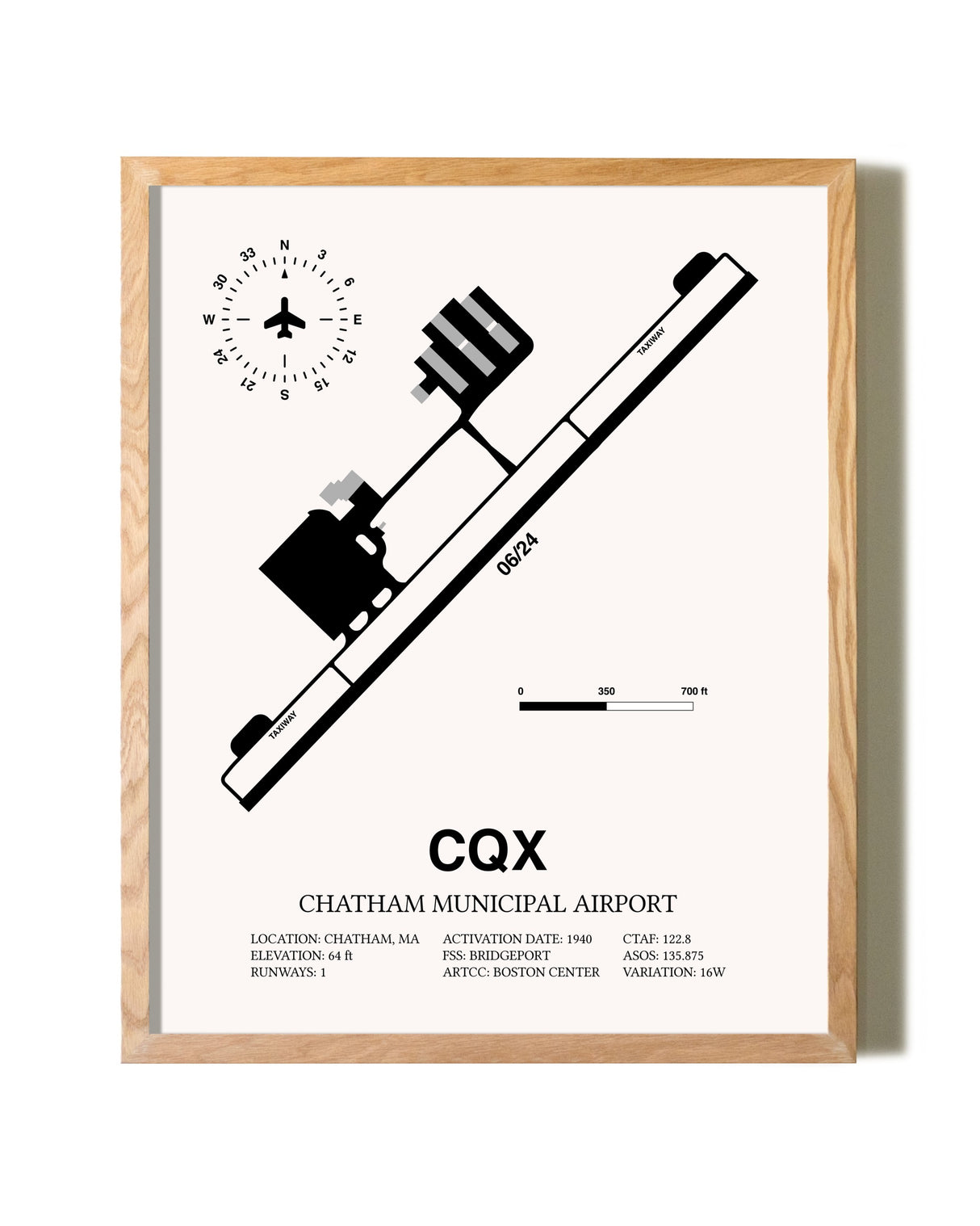 Chatham Municipal Airport framed print in natural wood frame